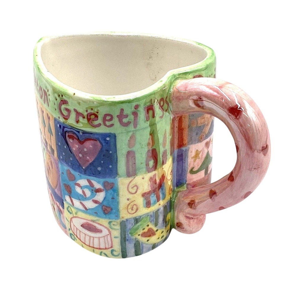 Brighton Seasons Greetings Heart Shaped Coffee Mug Holiday Folk Art Ceramic Cup